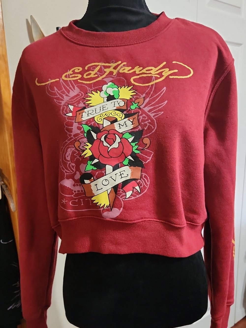 Ed Hardy Burgandy Cropped Tattoo-Graphic Sweatshirt